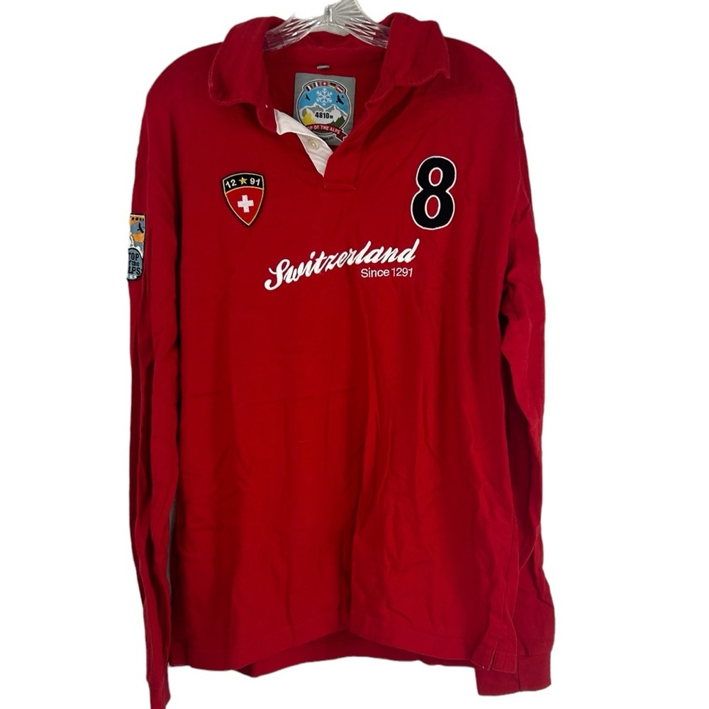 Top Of The Alps By Kustom.ch Red 3 Button Collar Long Sleeve Shirt SZ L Skiing